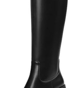 Tscoyuki Women's Knee High Boots, Square Toe Platform Boots - Half Zipper Chunky Heel Tall Boots for Women