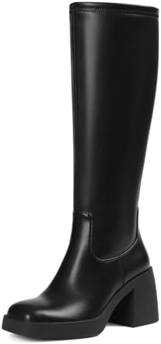 Tscoyuki Women's Knee High Boots, Square Toe Platform Boots - Half Zipper Chunky Heel Tall Boots for Women