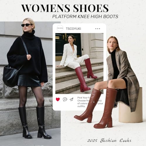 Tscoyuki Women's Knee High Boots, Square Toe Platform Boots - Half Zipper Chunky Heel Tall Boots for Women - Image 2