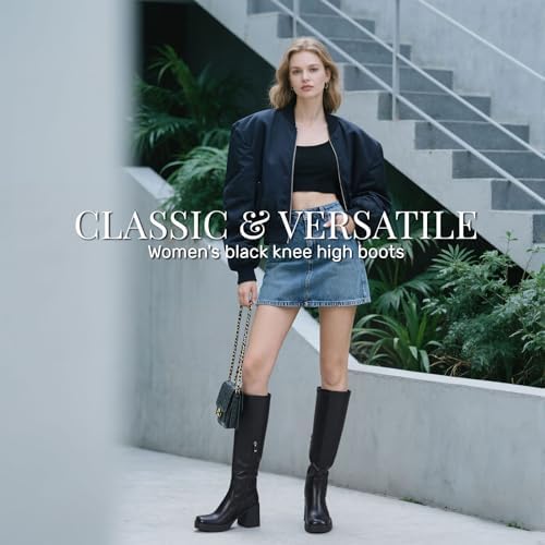 Tscoyuki Women's Knee High Boots, Square Toe Platform Boots - Half Zipper Chunky Heel Tall Boots for Women - Image 4
