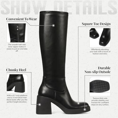 Tscoyuki Women's Knee High Boots, Square Toe Platform Boots - Half Zipper Chunky Heel Tall Boots for Women - Image 6