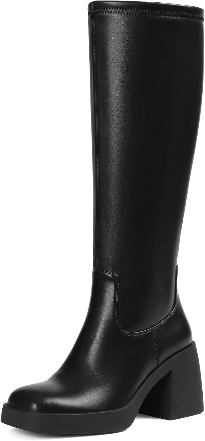 Tscoyuki Women's Knee High Boots, Square Toe Platform Boots - Half Zipper Chunky Heel Tall Boots for Women - Image 9